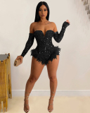 Woman Sequin Long Sleeve Sexy Feather Rompers Black Red Gold Silver S-2XL