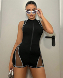 Women Mesh Patchwork Sleeveless Zipper Front Romper Black S-L