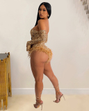 Woman Sequin Long Sleeve Sexy Feather Rompers Black Red Gold Silver S-2XL