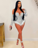 Woman Sequin Long Sleeve Sexy Feather Rompers Black Red Gold Silver S-2XL