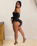 Woman Sequin Long Sleeve Sexy Feather Rompers Black Red Gold Silver S-2XL