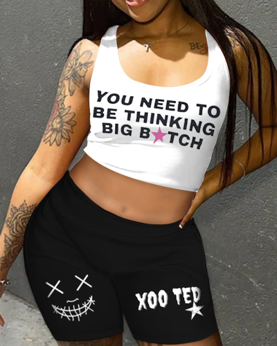 Letter Printed Girl Summer Two Piece Short Set XS-3XL