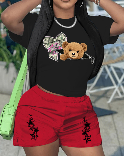 Black Red Women Casual Two Piece Short Set XS-XL