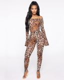 Leopard Printed Sexy Hollow Out Two Piece Pant Set S-XXL
