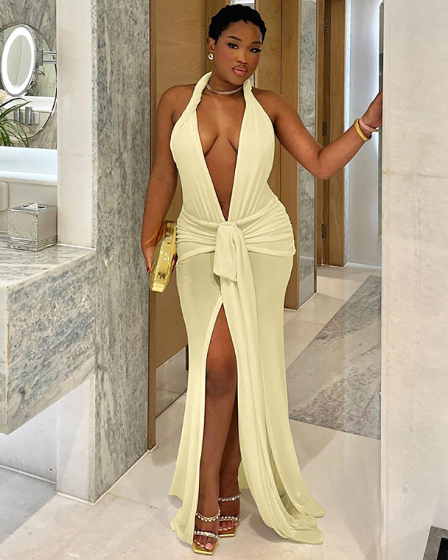 Deep V-neck Wholesale Women Sleeveless Long Dress S-L