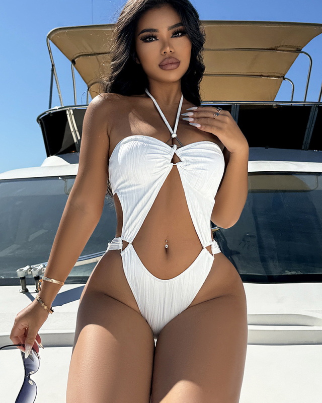 White Hollow Out Women One Piece Swimsuit S-L