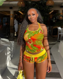 Yellow Floral Printed Women Two Piece Short Set S-L