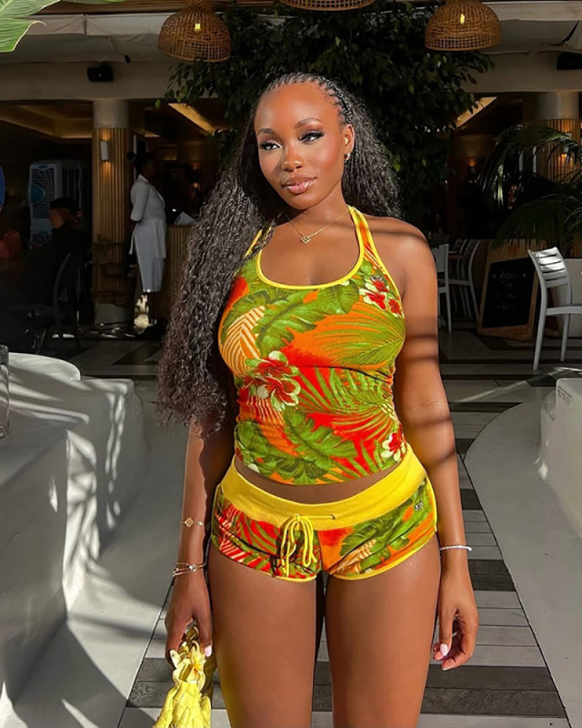 Yellow Floral Printed Women Two Piece Short Set S-L