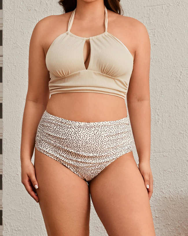 New Women Halter Neck Hollow Out High Waist Sexy Bikinis Plus Size Swimsuit Beige XL-3XL