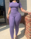 Solid Color Short Sleeve Two Piece Pant Set Outfits S-XXL