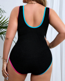 New U Neck Fashion Women Colorblock Plus Size Swimsuit Black XL-3XL