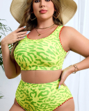 Women Fashion Leopard Printing Vest High Waist Two Pieces Plus Size Swimwear Green XL-3XL