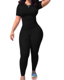Solid Color Short Sleeve Two Piece Pant Set Outfits S-XXL