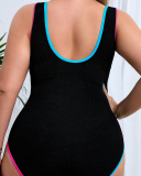New U Neck Fashion Women Colorblock Plus Size Swimsuit Black XL-3XL