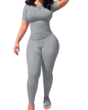 Solid Color Short Sleeve Two Piece Pant Set Outfits S-XXL