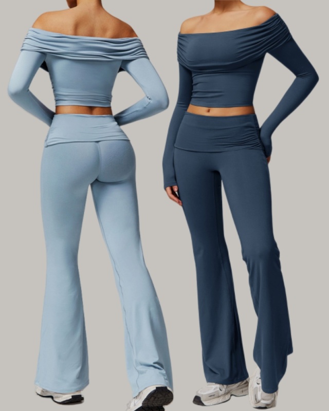 OEM Women Long Sleeve Off Shouder T-shirts Fold Waist Wide Leg Pants Sports Yoga Two-piece Sets S-XL