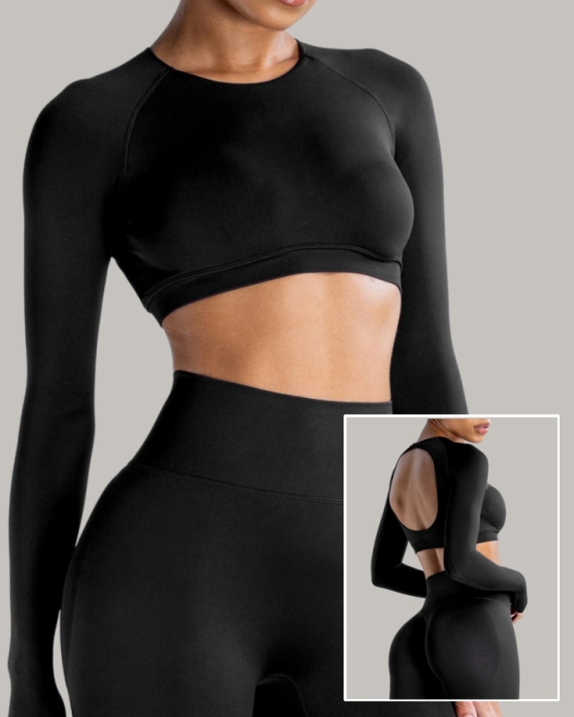 Women Long Sleeve Backless Sport Crop Top XS-XL