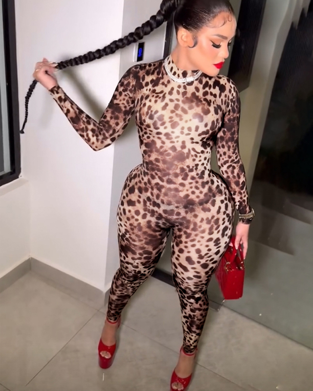 Long Sleeve Women Leopard Jumpsuit S-2XL