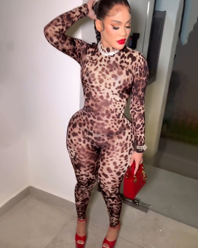 Long Sleeve Women Leopard Jumpsuit S-2XL