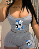 Grey Letter Printed Women Summer Two Piece Short Set XS-XL
