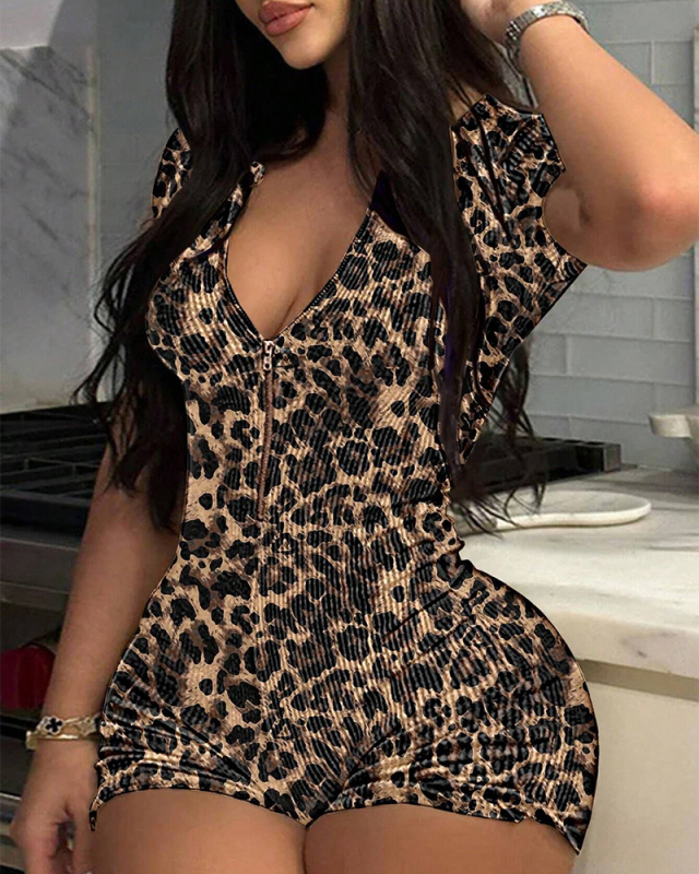 Leopard Women Summer Short Sleeve Jumpsuit S-XL