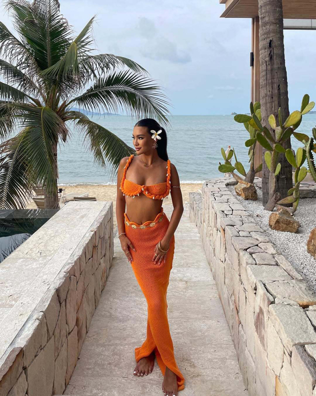 Orange Knitted Women Wholesale Fashion Long Skirt Set S-XL