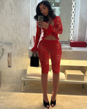 Long Sleeve Lace See Through Women Two Piece Set S-L