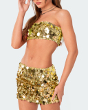 Ladies Irregular Sequin Fashionable Temperament Tube Top Mini Skirt Sets S-XL