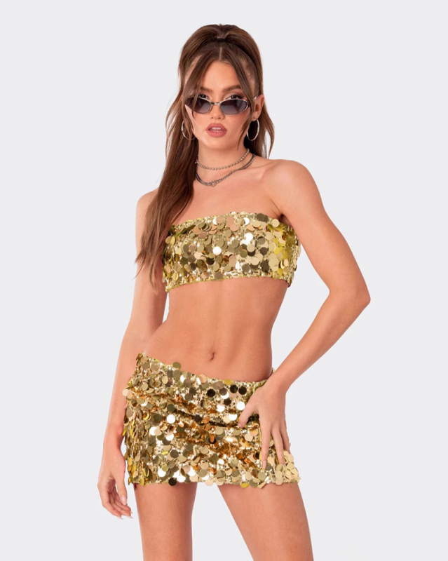 Ladies Irregular Sequin Fashionable Temperament Tube Top Mini Skirt Sets S-XL