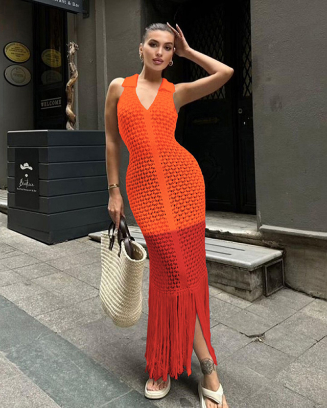 Women Sleeveless Lapel Hollow Out Sexy Beach Maxi Tassel One-piece Dress Black Orange S-L