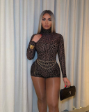 Leopard Printed Long Sleeve Women Jumpsuit S-L