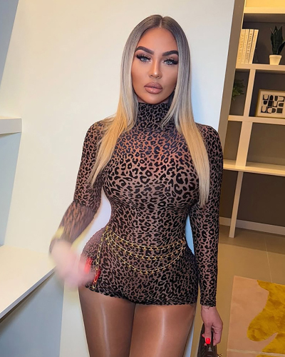 Leopard Printed Long Sleeve Women Jumpsuit S-L