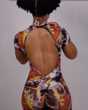 Open Back Women Printed Short Sleeve Jumpsuit XS-L