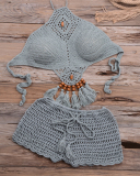 Crochet Bikini Set Push Up Swimwear Halter Bandage Swimsuit High Neck Bikini With Tassel Women Swim Bathing Suit Beachwear