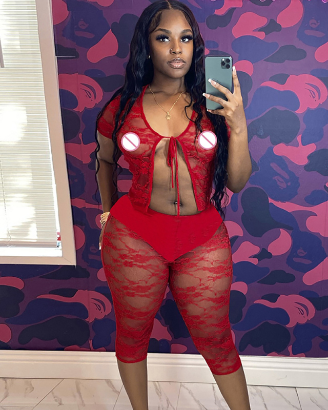 Lace See Through Women Two Piece Pant Set S-L