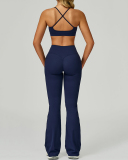 Women Sports Sling Criss Cross Back Bra High Waist V Waist Wide Leg Pants Two Piece Sets S-XL