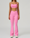 Women Sports Sling Criss Cross Back Bra High Waist V Waist Wide Leg Pants Two Piece Sets S-XL