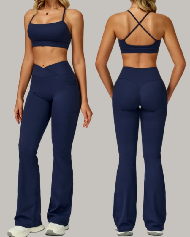 Women Sports Sling Criss Cross Back Bra High Waist V Waist Wide Leg Pants Two Piece Sets S-XL