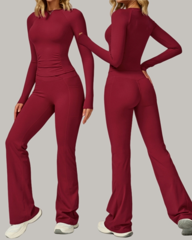 Women GYM Long Sleeve Slim T-shirt Running Wide Leg Pants Yoga Two-piece Sets S-XL