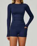 Woman OEM Long Sleeve Slim GYM T-shirt Side Pocket Shorts Yoga Two-piece Sets S-XL