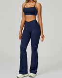 Women Sports Sling Criss Cross Back Bra High Waist V Waist Wide Leg Pants Two Piece Sets S-XL