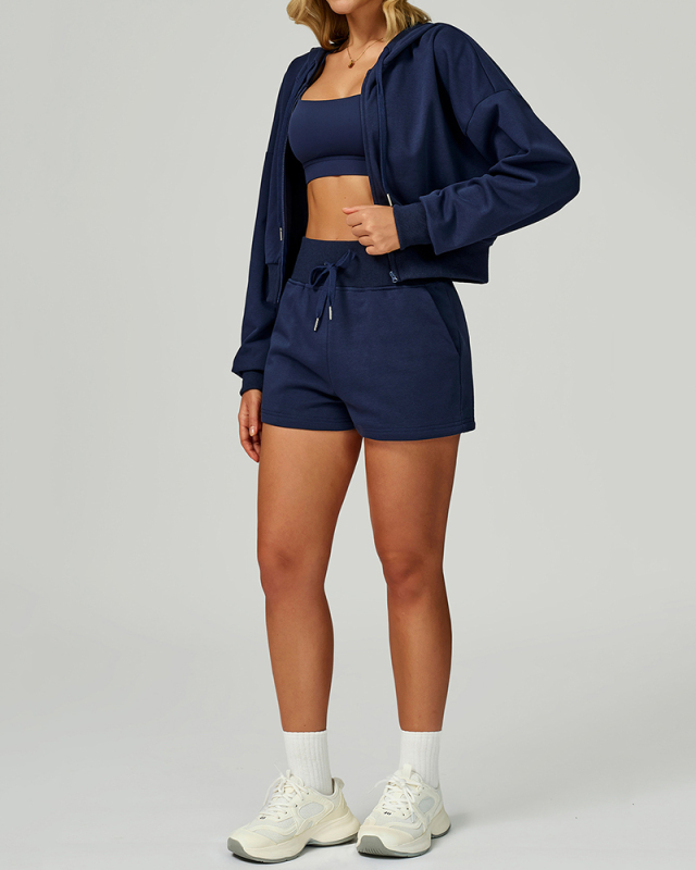 Women Long Sleeve Hoodies GYM Coat Fitness Shorts S-XL