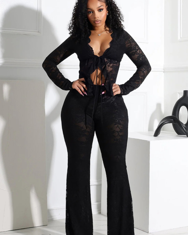 Wholesale Lace Long Sleeve Two Piece Pant Set S-XL
