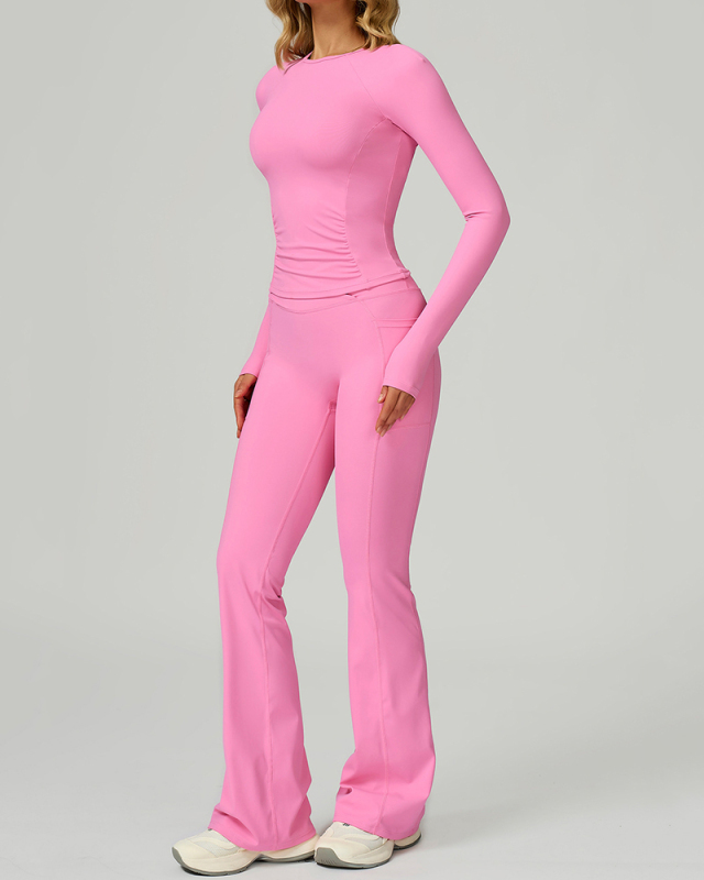 Women GYM Long Sleeve Slim T-shirt Running Wide Leg Pants Yoga Two-piece Sets S-XL