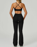 Women Sports Sling Criss Cross Back Bra High Waist V Waist Wide Leg Pants Two Piece Sets S-XL