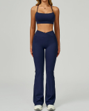 Women Sports Sling Criss Cross Back Bra High Waist V Waist Wide Leg Pants Two Piece Sets S-XL