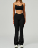 Women Sports Sling Criss Cross Back Bra High Waist V Waist Wide Leg Pants Two Piece Sets S-XL