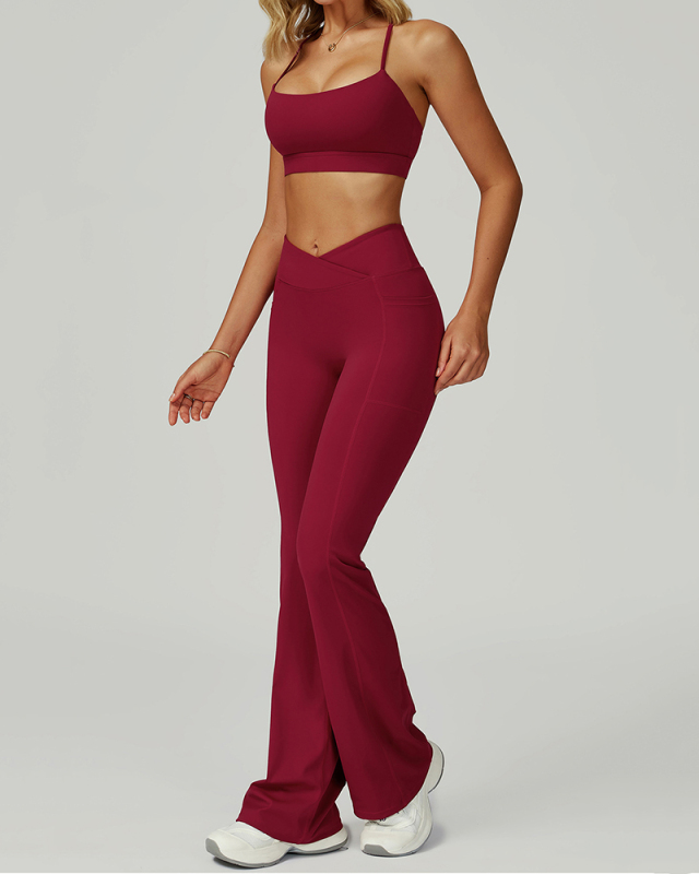 Women Sports Sling Criss Cross Back Bra High Waist V Waist Wide Leg Pants Two Piece Sets S-XL