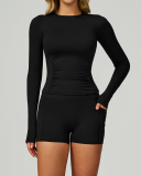 Woman OEM Long Sleeve Slim GYM T-shirt Side Pocket Shorts Yoga Two-piece Sets S-XL