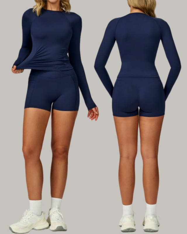 Woman OEM Long Sleeve Slim GYM T-shirt Side Pocket Shorts Yoga Two-piece Sets S-XL